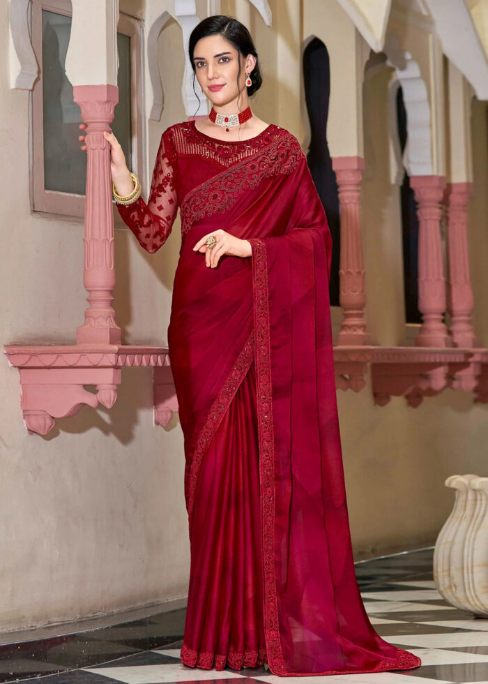 Red Embroidered Designer Saree