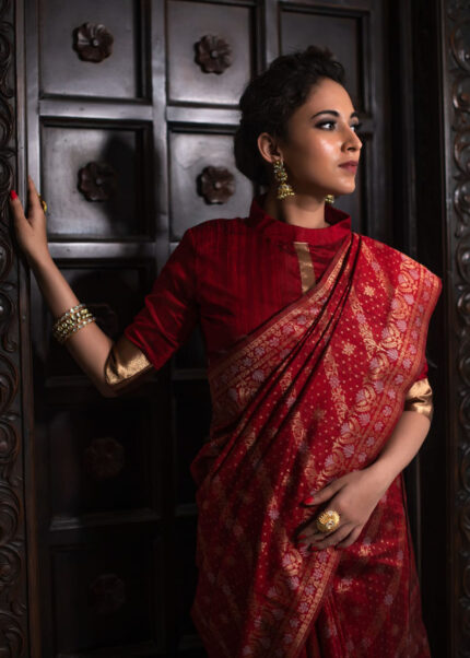 Ruby Red Jamdani Silk Saree