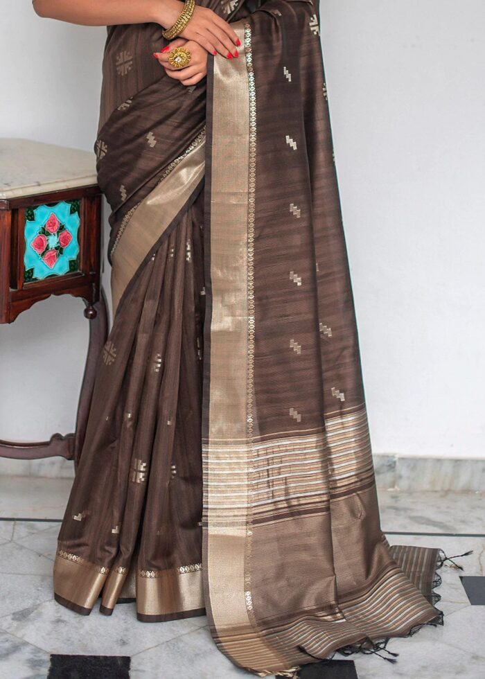 Taupe Brown Tussar Silk Saree