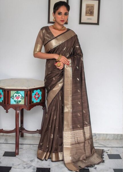 Taupe Brown Tussar Silk Saree