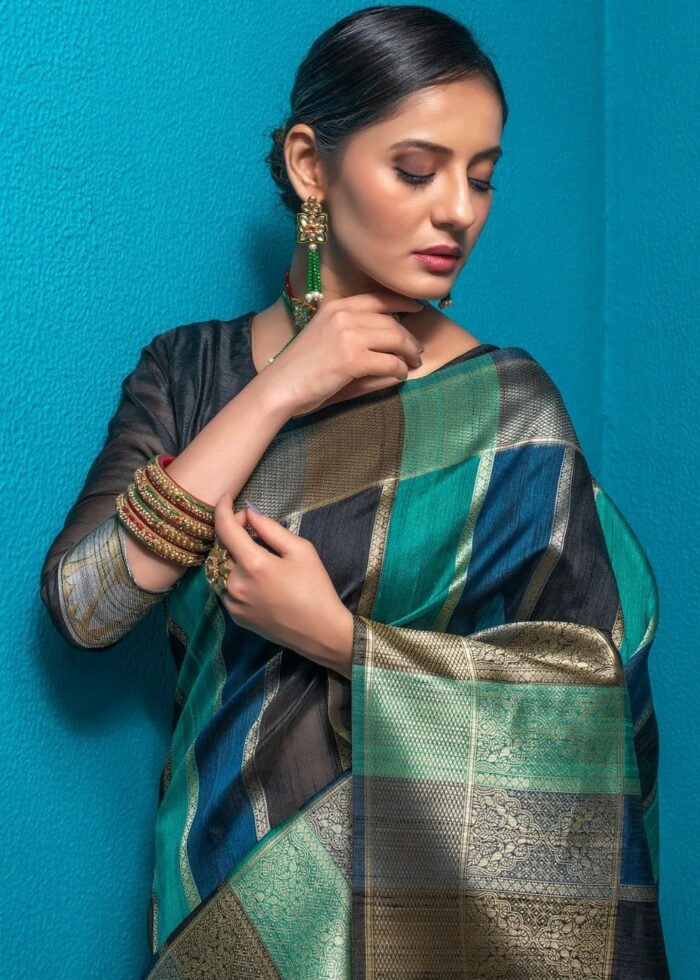 Teal Blue Woven Tussar Silk Saree