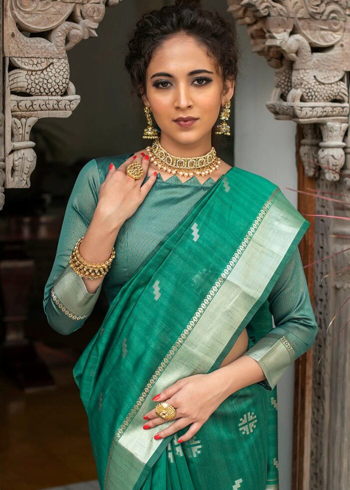 Teal Green Tussar Silk Saree