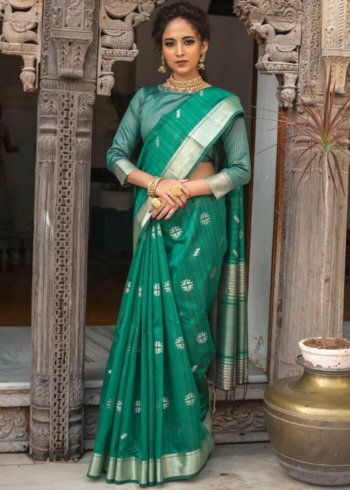 Teal Green Tussar Silk Saree