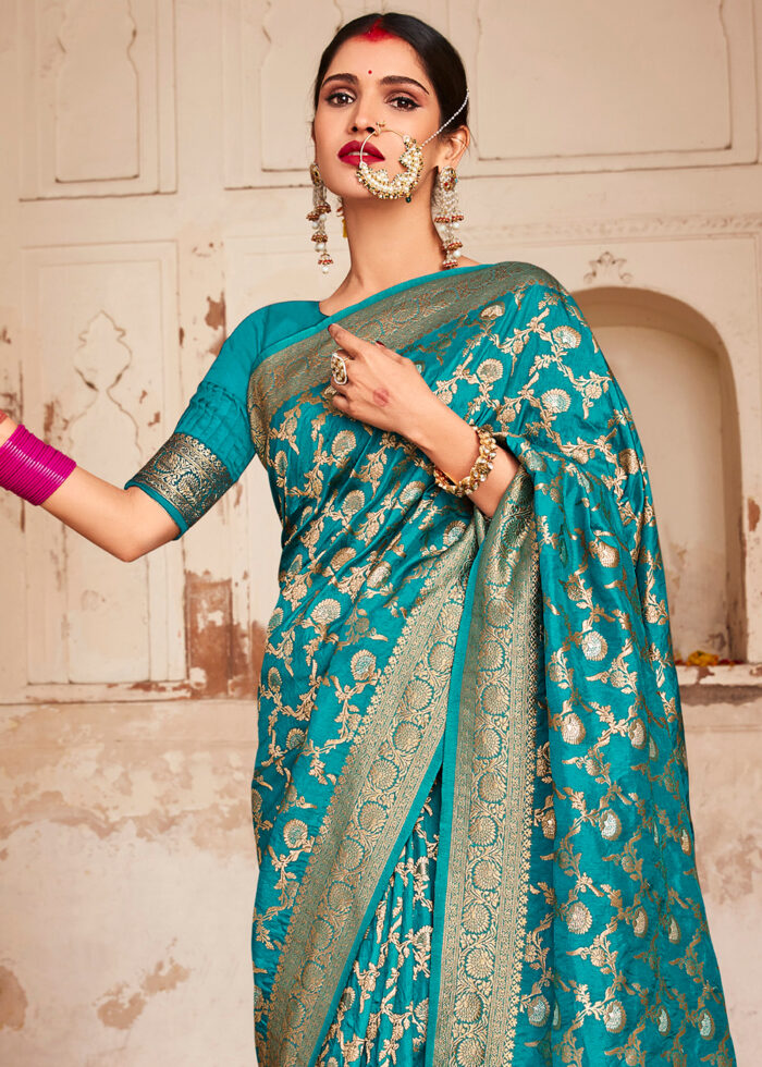 Turquoise Blue Banarasi Silk Saree