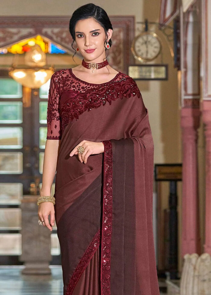 Wine Embroidered Designer Saree