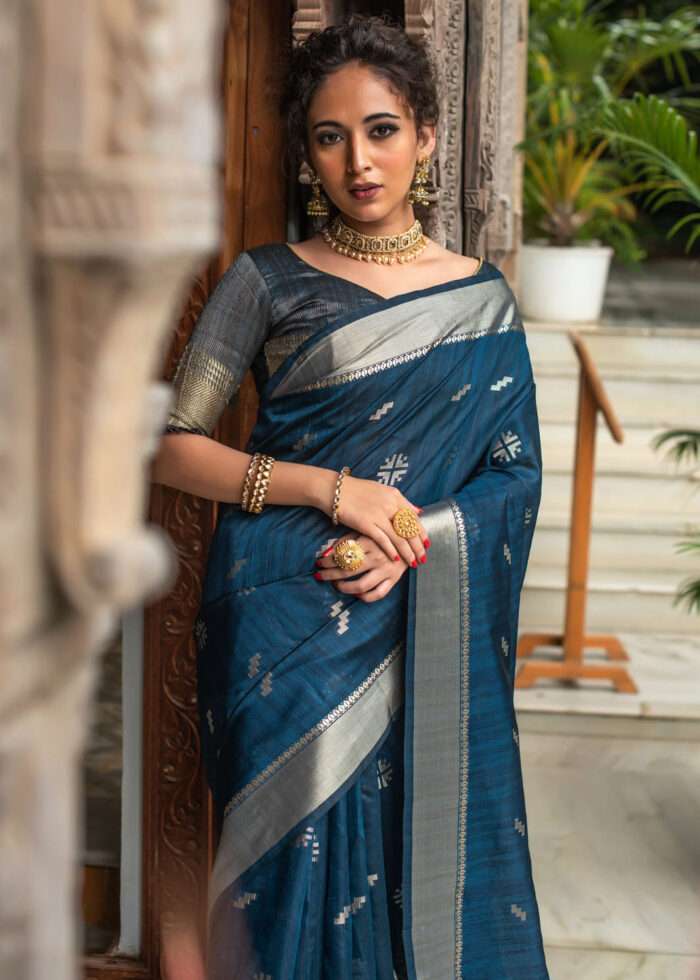 Yankees Blue Tussar Silk Saree