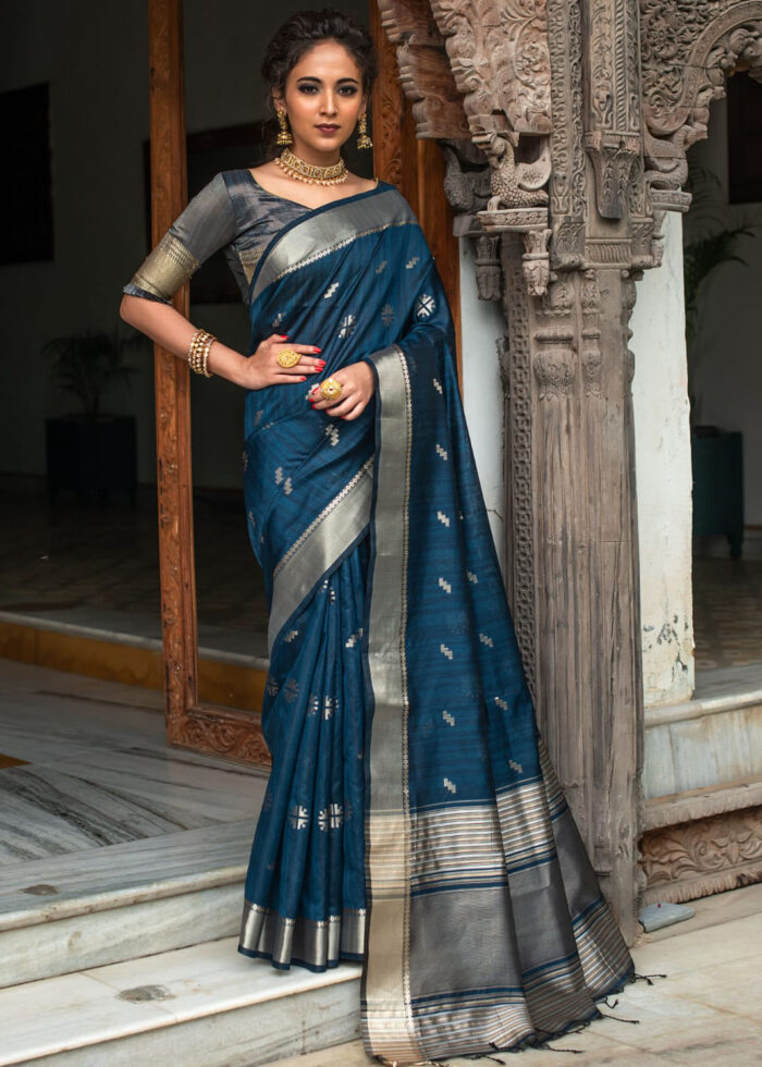 Yankees Blue Tussar Silk Saree