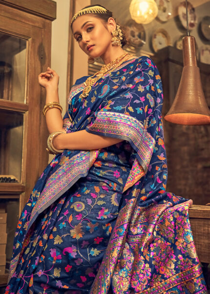 Admiral Blue Jamawar Saree