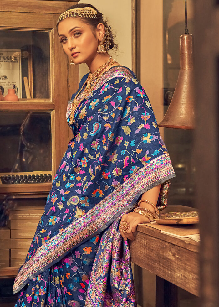 Admiral Blue Jamawar Saree