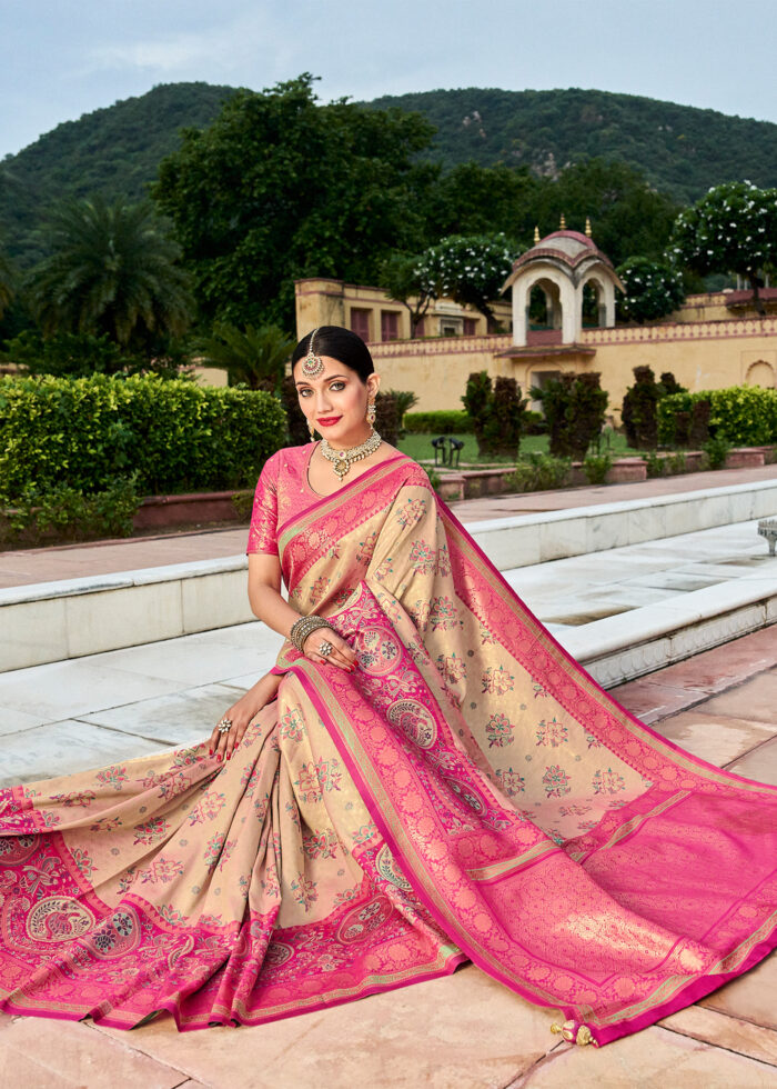 Beige & Magenta Banarasi Silk Saree