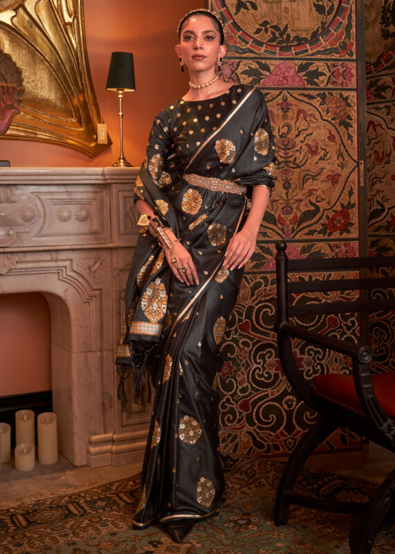 Black Satin Silk Saree