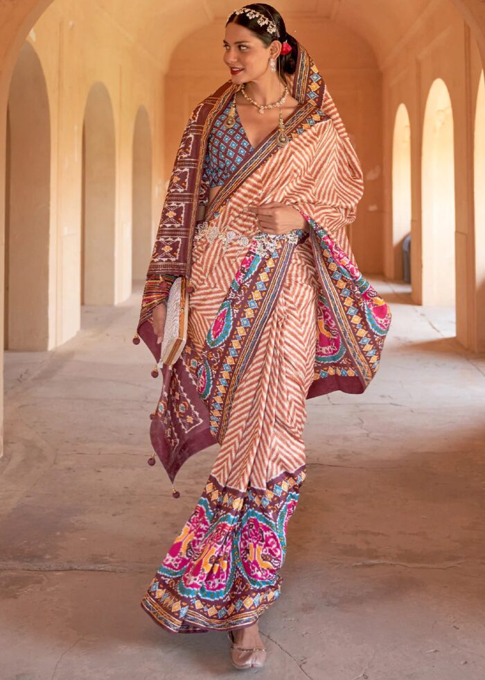 Brown & White Patola Silk Saree