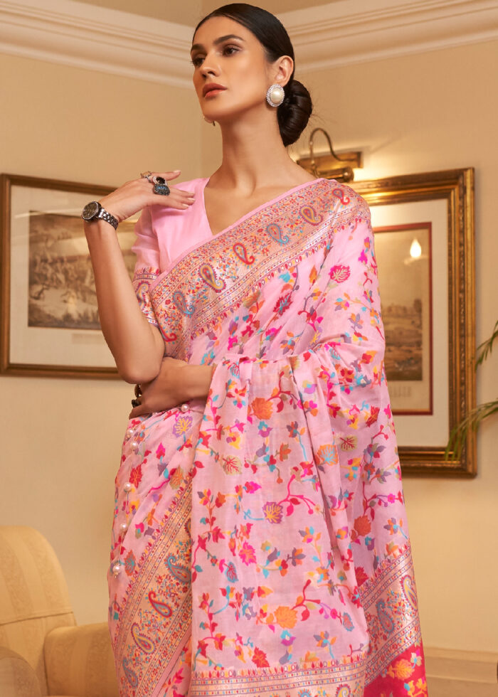 Carnation Pink Jamawar Saree