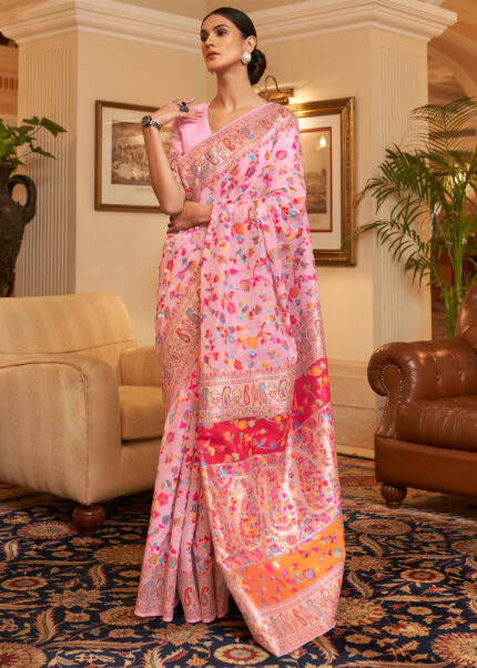 Carnation Pink Jamawar Saree