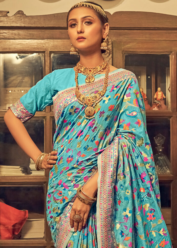 Cerulean Blue Jamawar Saree