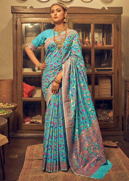 Cerulean Blue Jamawar Saree