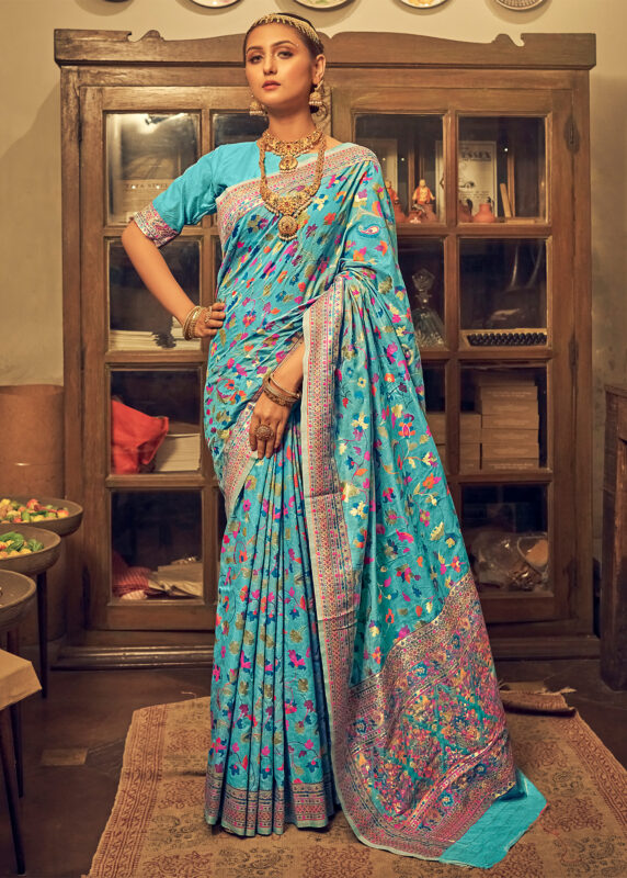 Cerulean Blue Jamawar Saree