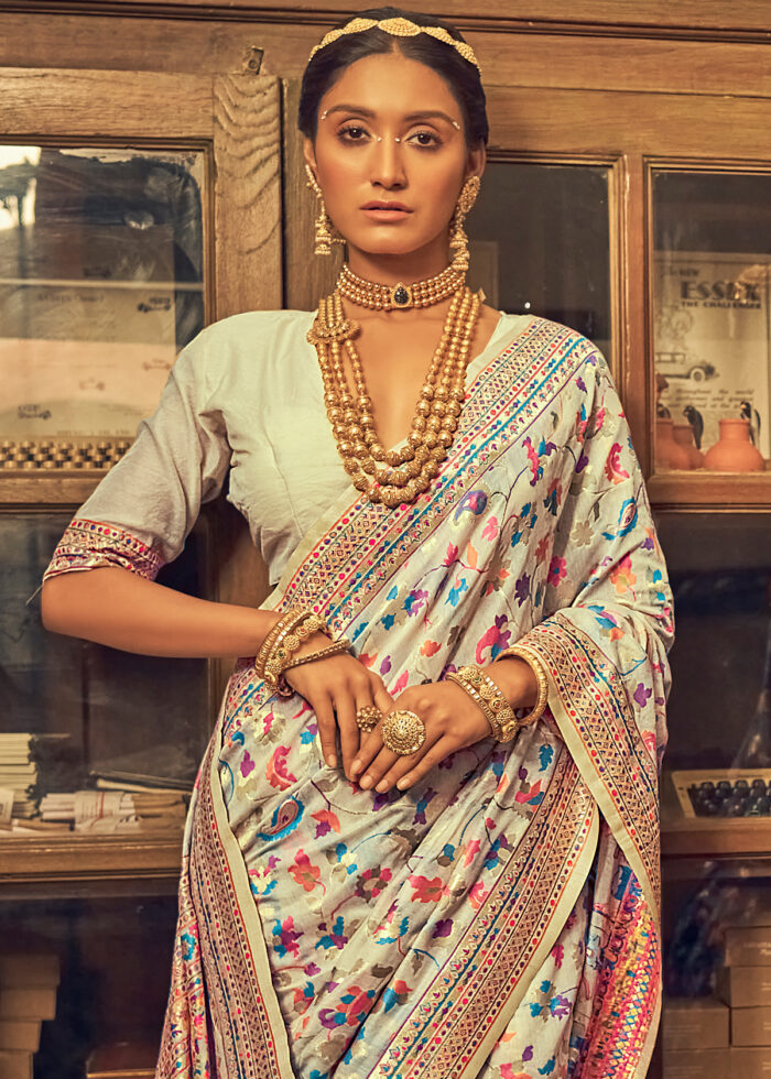 Dutch White Jamawar Saree