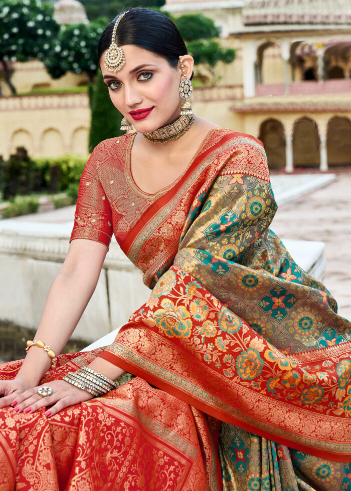 Gray Brick Red Banarasi Saree