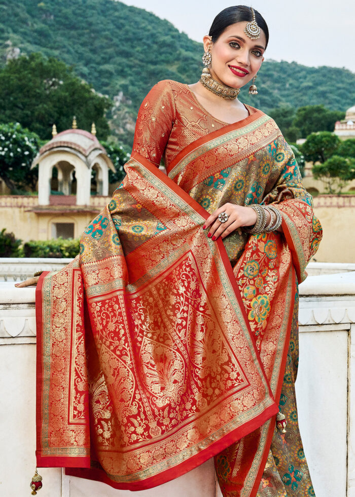 Gray Brick Red Banarasi Saree