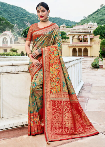 Gray Brick Red Banarasi Saree