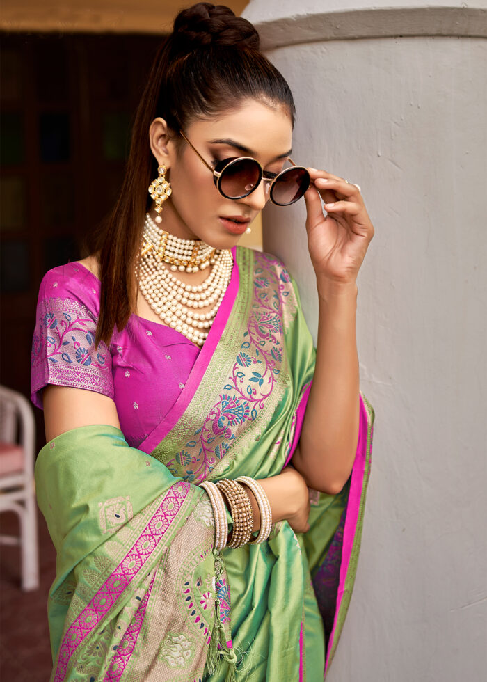 Lime Green Banarasi Silk Saree