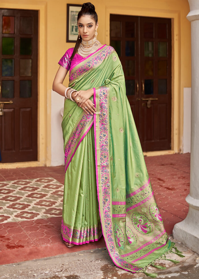 Lime Green Banarasi Silk Saree