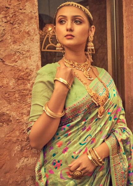 Pastel Green Jamawar Saree