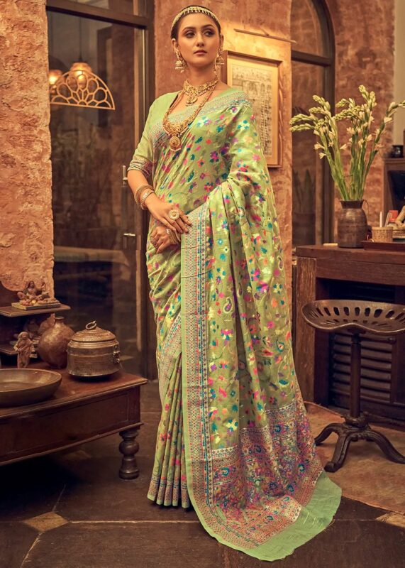 Pastel Green Jamawar Saree