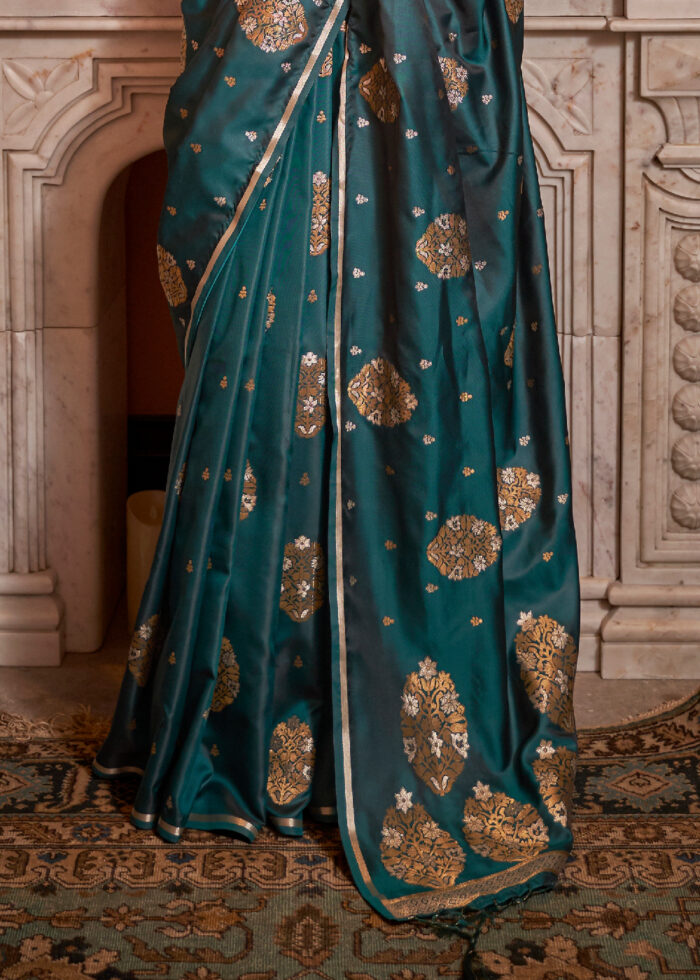 Peacock Blue Satin Silk Saree