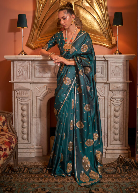 Peacock Blue Satin Silk Saree