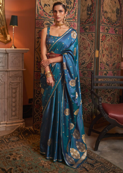 Spanish Blue Satin Silk Saree