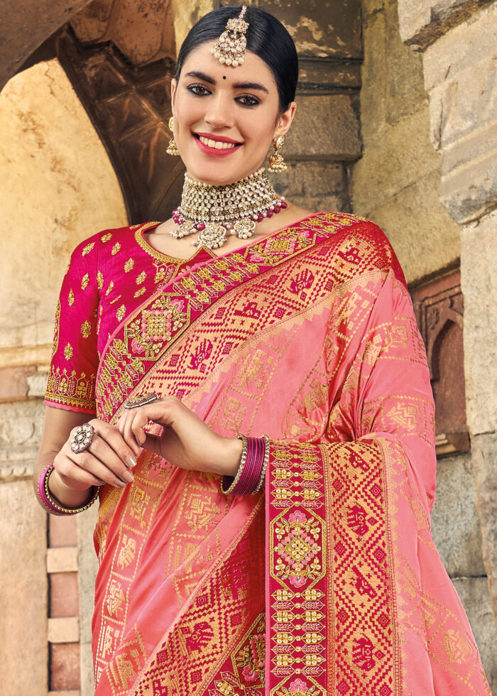 Taffy Pink Woven Banarasi Saree