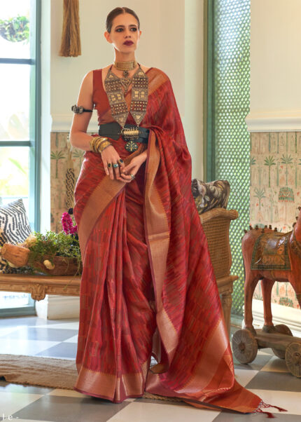 Carmine Red Organza Silk Saree