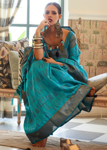 Cerulean Blue Organza Silk Saree