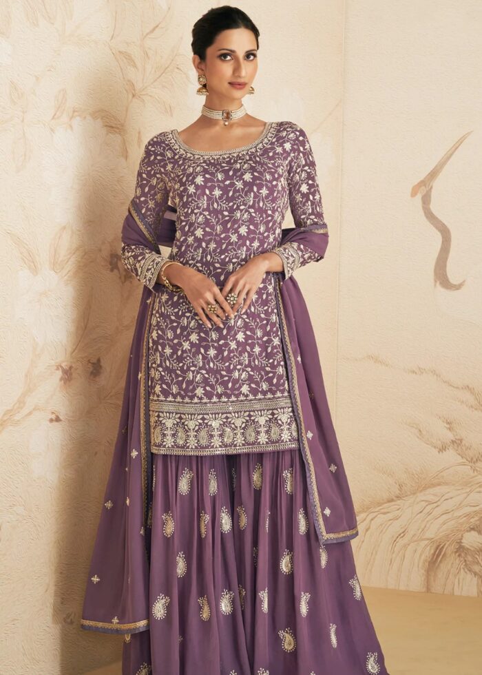 Lavender Purple Embroidered Sharara