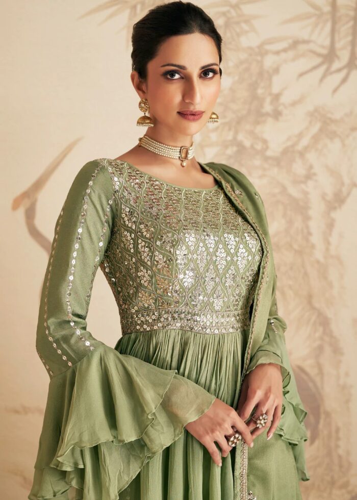 Olive Green Embroidered Sharara