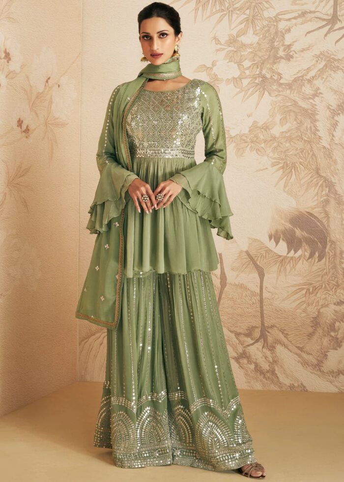 Olive Green Embroidered Sharara