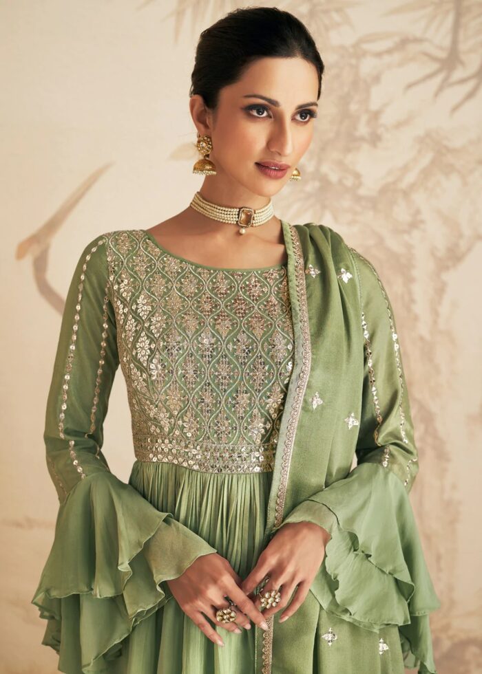 Olive Green Embroidered Sharara