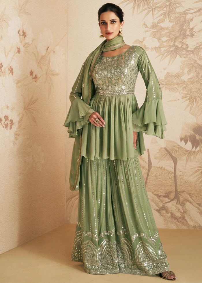 Olive Green Embroidered Sharara