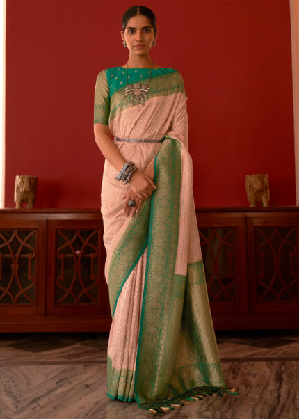 Peachy Pink Zari Woven Georgette Saree