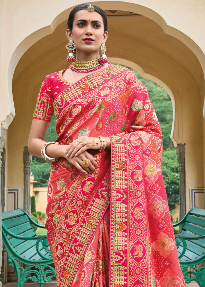 Pink Orange Banarasi Silk Saree