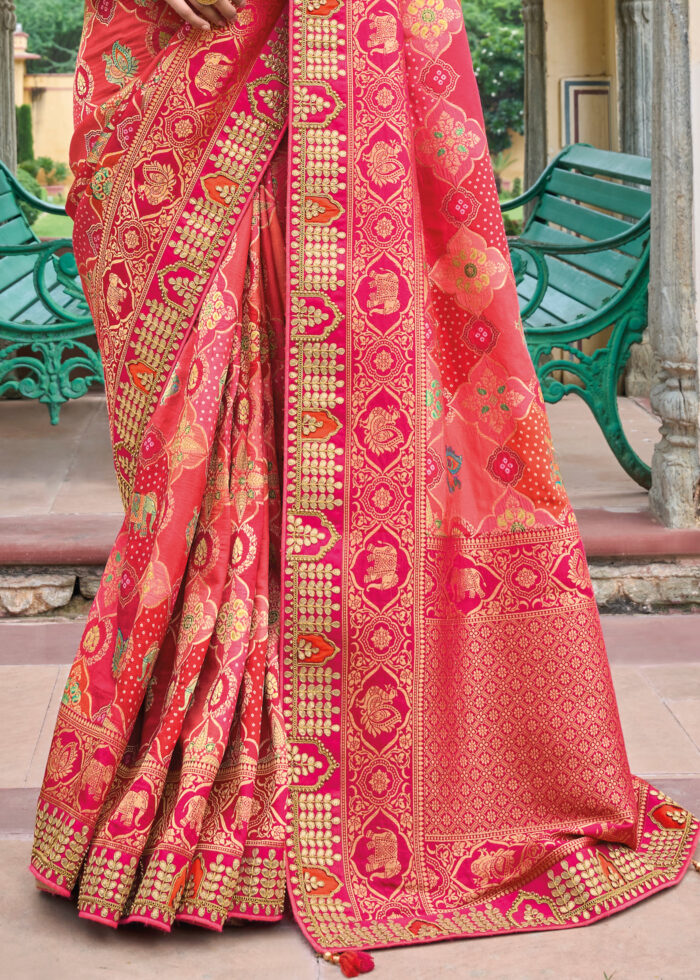 Pink Orange Banarasi Silk Saree