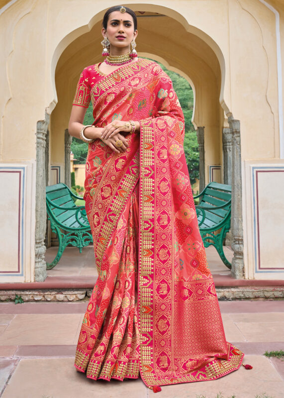 Pink Orange Banarasi Silk Saree