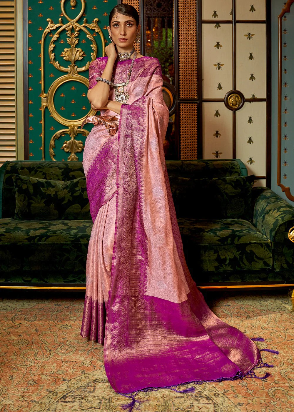 Pink and Purple Dual Tone Zari Woven Banarasi Saree