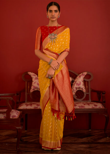 Saffron Yellow Zari Woven Georgette Saree