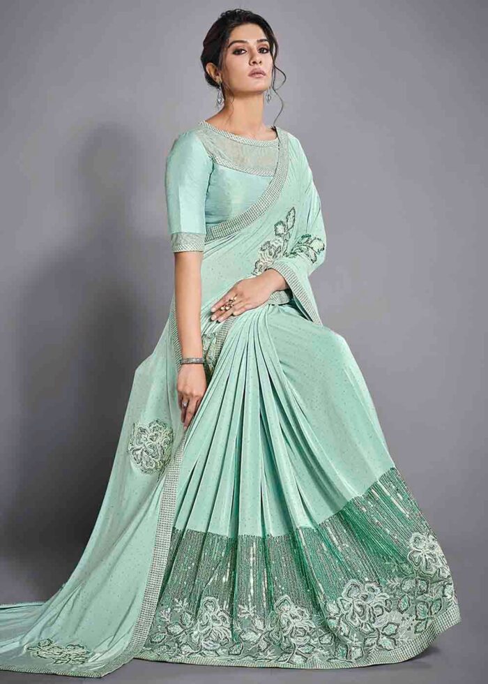 Seafoam Green Designer Lycra Saree