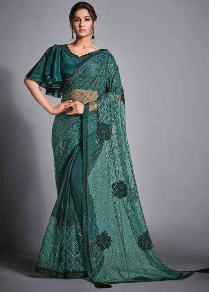 Teal Green Designer Lycra Saree