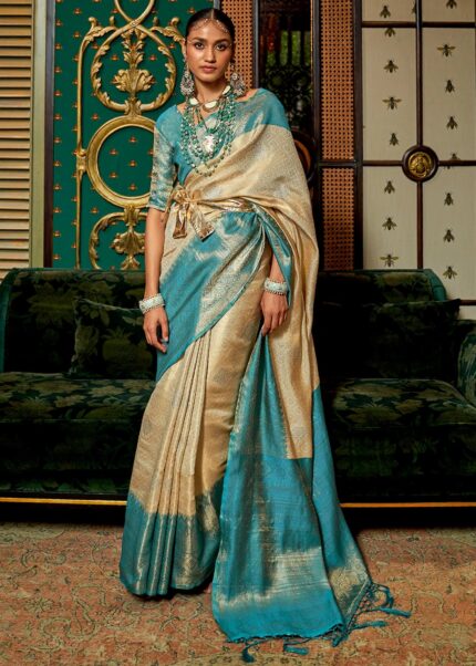 White & Blue Banarasi Saree