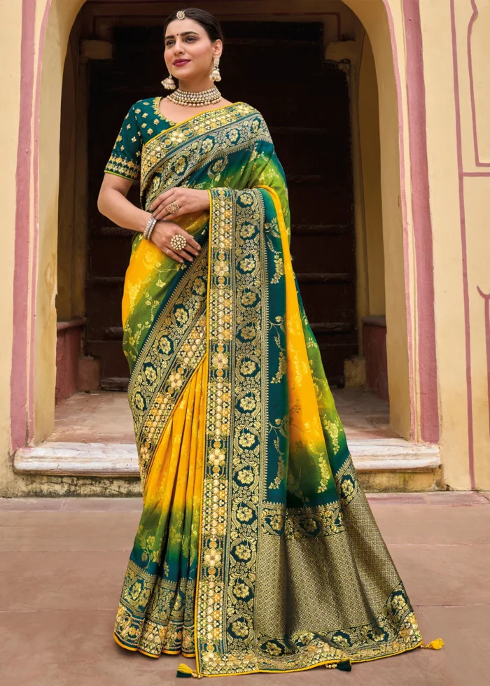 Yellow Ocean Blue Banarasi Saree